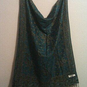 Teal Paisley Pashmina Silk Blend Scarf Shawl Wrap Boho Fringe 60”